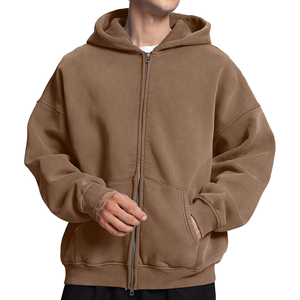 Sweat à capuche zippé décontracté pour homme, hiver, épaules tombantes, délavé à l'acide, 100% coton, 360g, respirant, col rond, uni, brodé, surdimensionné - Product Image 1
