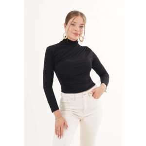 Blusa Negra de Cuello Alto con Hombros y Cintura Fruncidos, Tejido de Punto, Venta al Por Mayor - Product Image 4