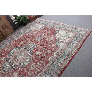 Vintage 7.1x10.4 ft Rug, Turkish Rug, <b>Red</b> Abstract Rug <b>Wool</b> - Product Image 5