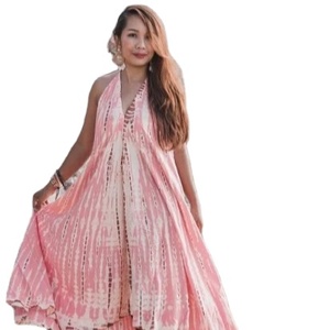 Robe maxi bohème rose / Dos ouvert / Été 100% coton Col en V Sans manches Respirante - Product Image 1