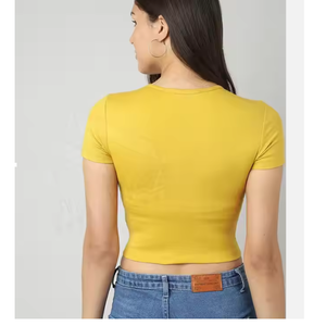 High Quality Women's Slim-Fit <b>Crop</b> <b>Top</b> Custom Digital Logo Puff Printed Casual Short Length Bow Collar Knitted Solid for Summer - Product Image 4