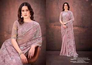 Sari en soie satinée avec travail de paillettes riches sur toute la surface, ornements de perles, sari extensible avec blouse - Product Image 3