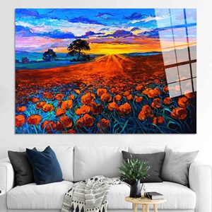 Impresión en lienzo de Poppy Field Sunset: elegante decoración de pared de vidrio templado, arte en vidrio templado - Product Image 1