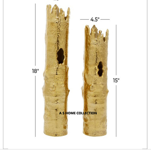 Ensemble de 2 vases à fleurs en aluminium, métal, forme ronde, émail, couleur dorée, fabriqués à la main. - Product Image 4