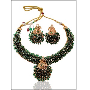 ชุดสร้อยคอนกยูงประดับด้วยลูกปัดหรูหราสง่างามชุดเครื่องประดับนกยูงออกแบบด้วยมือชุดสร้อยคอลูกปัดสีทองและสีเขียวโบราณ - Product Image 1