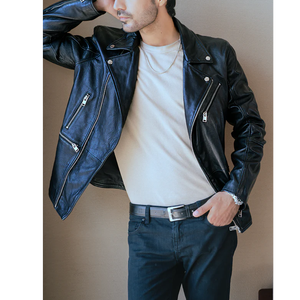 Chaqueta bomber de piel de cabra marrón personalizada para hombre con cuello levantado chaqueta de cuero genuino de moda con logotipo frontal - Product Image 2