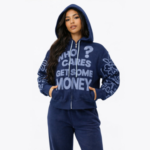 Custom <b>Women</b> Navy Blue Zip Up Graphic Hoodie Oversized <b>Slogan</b> Print Hooded <b>Sweatshirt</b> Casual Streetwear Winter Top - Product Image 1