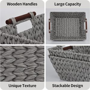 Stylish Eco-Friendly Water Hyacinth Braided Rectangular Wooden Storage <b>Basket</b> Handle Customizable Colors Home Kitchen Living - Product Image 3