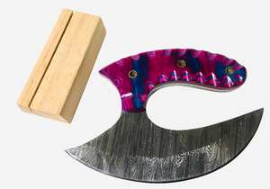 Couteau Ulu artisanal Edge Master Manufacture, lame en acier Damas torsadé de 3 mm d'épaisseur, manche en bois multi-épaisseurs, étui en cuir, 6 pouces - Product Image 4