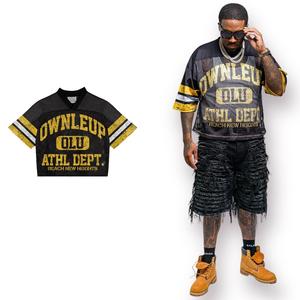 Maillot de football américain en maille Maillot de sport en tissu personnalisé avec logo en détresse Maillot de gardien de but en maille de couleur rouge - Product Image 4