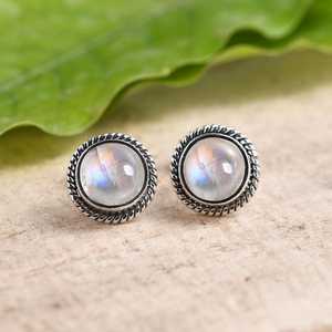 Rainbow Moonstone Bezel Setting Luxury <b>Stud</b> Earrings 925 Sterling <b>Silver</b> 7mm for Party & Gift - Product Image 4