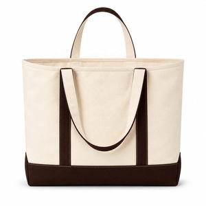 MORGANS INDUSTRIES <b>Canvas</b> <b>Tote</b> Bag Solid Color Open Top Minimalist Style Beige with Brown Trim All Seasons - Product Image 1