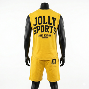 Conjunto de Camiseta sin Mangas y Pantalones Cortos para Hombre, 240 GSM, Mezcla de Algodón Premium, Amarillo, Logotipo Personalizado con Serigrafía - Product Image 5