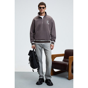 GRIMELANGE PLATA <b>Men's</b> Half Zipped Kangaroo Pocket <b>Skirt</b> and On Sleeve Knitwear Detail Relaxed Fit Sweatshirt - Product Image 1