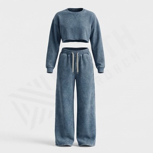 Conjunto Deportivo de 2 Piezas para Mujer, Sudadera Corta con Capucha, 100% Algodón, Pantalones Jogger Holgados, Lavado Ácido, Ropa Deportiva con Logotipo Personalizado - Product Image 1