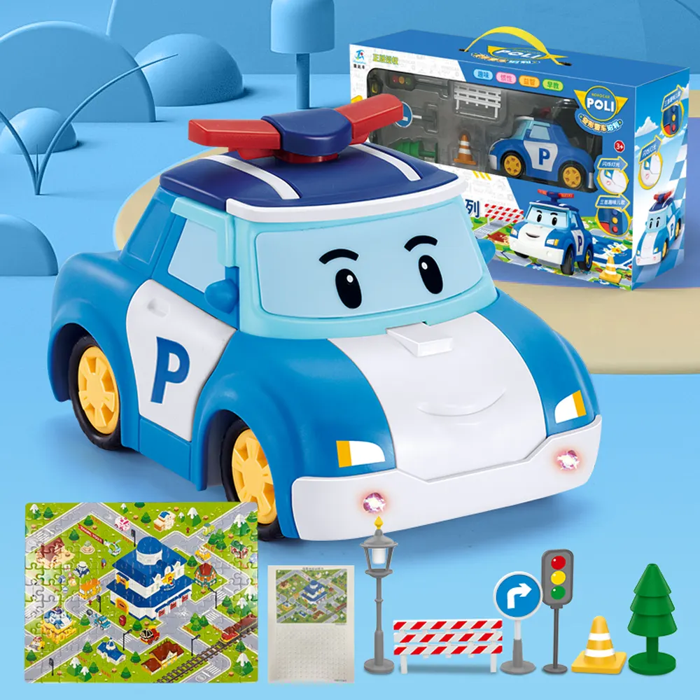 Conjunto de brinquedos com quebra-cabeça para presente de Natal, carro de inércia policial novo robocar 2024, mini caminhão poli