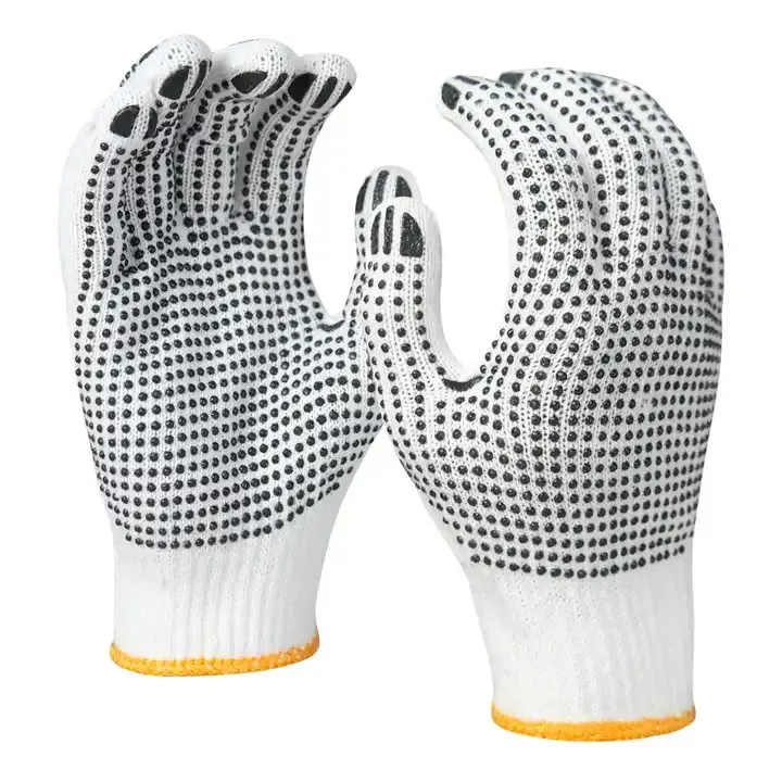 Guantes de trabajo para jardín con puntos de PVC azul para uso industrial Guantes de algodón de PVC de punto sin costuras de seguridad de punto punteado de látex 7G Polka