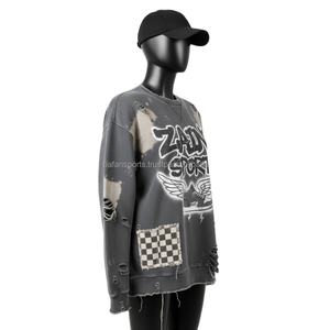 Sweat-shirt oversize en tissu délavé en coton polaire de couleur grise avec logo personnalisé imprimé bouffant Sweatshirts respirants pour femmes - Product Image 3