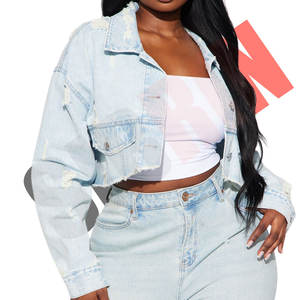 100% algodón última chaqueta de mezclilla lavada ligera chaqueta rasgada de mujer chaqueta recortada de mujer con cuello no elástico desgastante - Product Image 4