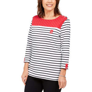 Top sportivo da donna Karen Scott rosso brillante, taglia media, in tessuto lavorato a maglia a righe color block - Product Image 1