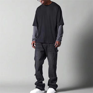 Camiseta de doble capa para hombre 220 GSM 100% algodón puro lavado con ácido camiseta de gran tamaño de Color sólido - Product Image 2