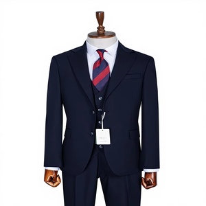 Costume sur mesure pour homme, bleu marine, en laine rayée, 3 pièces, coupe ajustée, simple boutonnage, deux boutons, double fente, infroissable, haute qualité - Product Image 1