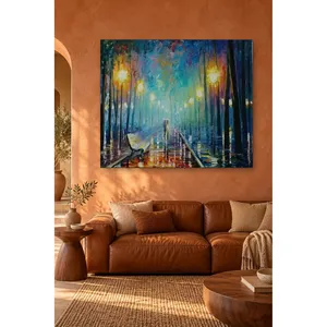 Impression sur toile : Couple Fida avec parapluie dans un parc pluvieux avec lanternes - Product Image 5