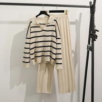 Ensemble 2 pièces tricoté pour femme, haut rayé à manches longues et jupe plissée, décontracté, coupe ample, longueur complète, anti-boulochage, pour l'automne
