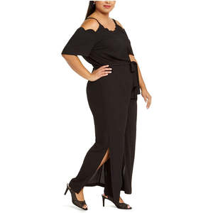 Tuta intera da donna Monteau nera a vita alta con scollo all'americana, vestibilità ampia, stile club, stampa midi, taglie forti 1X, perfetta per l'estate - Product Image 3