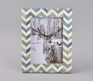 Handcrafted Bone Inlay Chevron Pattern <b>Photo</b> <b>Frame</b> Serene Blue And Cream Desktop Display For Coastal Home Decor Unique Beach - Product Image 3