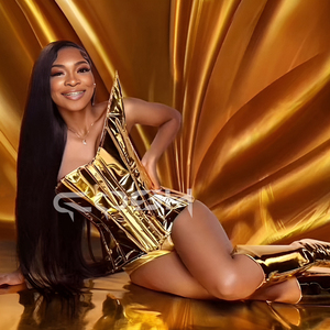 คอร์เซ็ททรงเอวสูงแบบไม่สมมาตร ระบายอากาศได้ดี สีทองเงา ผลิตจาก PVC  กระชับสัดส่วน  ควบคุมรูปร่างได้ดี  สำหรับคนไซส์ใหญ่  ช่วยให้เอวเล็กลง เหมาะสำหรับใส่แสดงบนเวที - Product Image 4