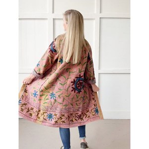 Vintage Suzani Embroidered <b>Kantha</b> Cotton Quilt <b>Jacket</b> with Long Pockets One Size Fits All - Product Image 6