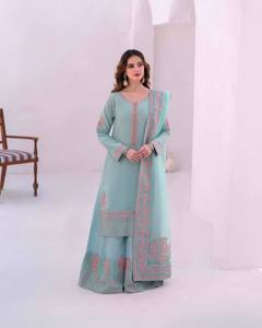 NEW DESIGNER HEAVY ROMAN <b>SILK</b> REVERSIBLE EMBROIDERED <b>KURTA</b> PALAZZO and DUPATTA SET for PARTY FANCY CASUAL ALL SEASONS - Product Image 1