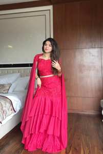 Exclusive french crape designer lehenga set with sweetheart embroidered blouse layered floral ruffle skirt and <b>cape</b> dupatta - Product Image 6