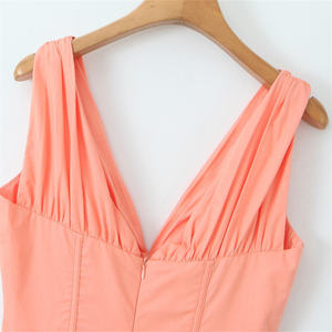 Verano francés retro vestido V cuello sin mangas color sólido cintura delgada MIDI longitud elegante moda ropa casual - Product Image 6