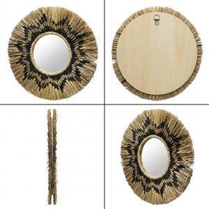 Miroir mural en macramé naturel Mendong, noir, motif aztèque, franges, soleil, rond, suspendu, pour vanité, décoration artistique pure, artisanat, pour la décoration de chambre - Product Image 3
