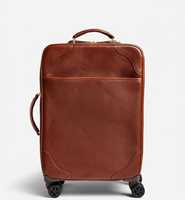 Valise de voyage rigide à 4 roues en cuir véritable marron, de luxe, classique, durable, légère, résistante à l'eau, avec ouverture frontale et serrure