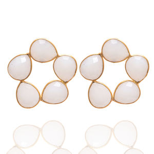 พลอยคาลซิโดนีสีขาวขุ่นธรรมชาติสไตล์สวย925เงินทองชุบทองสเตอร์ลิงต่างหูรูปดอกไม้ต่างหู - Product Image 2