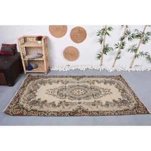 Tapis de Grande Surface Classique Turc Vintage 3.7X6.9 pieds Beige Marron Motif Floral Rectangle Patchwork pour Couloir Chambre Latex - Product Image 1