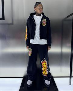 Ensemble de jogging personnalisé pour hommes, survêtement vintage en coton délavé à l'acide, pantalon de survêtement évasé avec broderie et appliques, ensemble de sweat à capuche zippé - Product Image 6