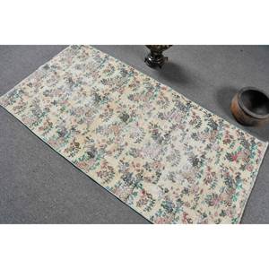 พรมขนสัตว์สีเบจสีน้ำเงินแบบดั้งเดิมทำด้วยมือ2.9x5.7ft สไตล์วินเทจแบบตุรกีการเย็บปะติดปะต่อกันการออกแบบสี่เหลี่ยมผืนผ้าสำหรับทางเดินข้างเตียงยางพารา - Product Image 4