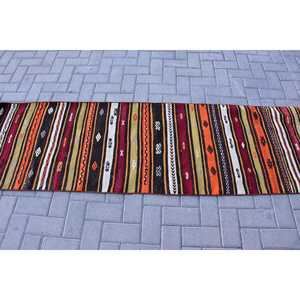 Vintage Kilim Rug 2.1x8.4 ft, <b>Red</b> Black Bordered <b>Wool</b> Turkish Rug - Product Image 3