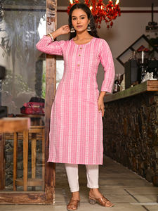 ชุดคุर्ติผ้าฝ้ายสีชมพูลายทางพิมพ์ลาย แห้งเร็ว ทรงตรง แขนสามส่วน สไตล์ลำลอง สำหรับงานปาร์ตี้  แบบชาติพันธุ์ - Product Image 4