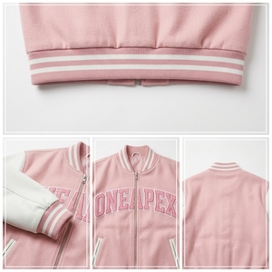 เสื้อแจ็คเก็ตผู้ชายสีชมพูผสมขนสัตว์ แขนหนังสีขาว ปักลายตามสั่ง ซิปแบบรูดขึ้น ผ้าถักแบบริบ สไตล์ลำลอง สตรีทแวร์ เสื้อคลุมขายส่ง รับผลิตแบบ OEM - Product Image 5