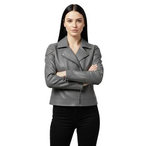 Chaqueta de Motociclista de Cuero Gris Personalizada al por Mayor, Chaqueta de Cuero Genuino Estilo Motero para Mujer, Suministro de Fábrica al por Mayor - Product Image 1