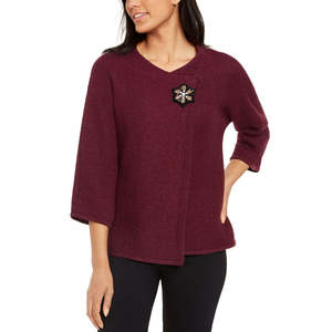 Collezione JM: Giacca Maglione Viola Scuro Taglia X-Large per Donna, con Spilla Metallica Testurizzata per Feste Invernali - Product Image 1