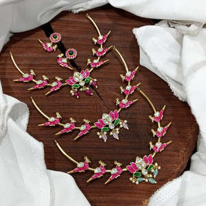 Rising trend Royal bridal <b>necklace</b> set in Indian Pakistani style with stonework, <b>pearl</b> <b>drops</b>, and gold plating - Product Image 4