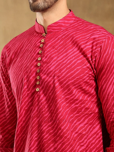 NAVRANG Vintage Pink Cotton Leheriya Kurta Set para hombres Étnicamente Seda Chikankari Motivos para bodas Fiestas Playas Diwali - Product Image 5
