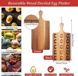 Plateau réversible en bois pour oeufs farcis Plateau pour charcuterie Plateau pour fromage d'acacia (15x7 pouces, 15 trous) - Product Image 2