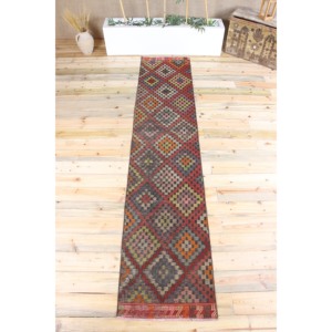 Vintage Turkish Rug, <b>Runner</b> 2.1x10.3 ft (65x315 cm) Rug, <b>Red</b> Geometric Wool Rug - Product Image 1